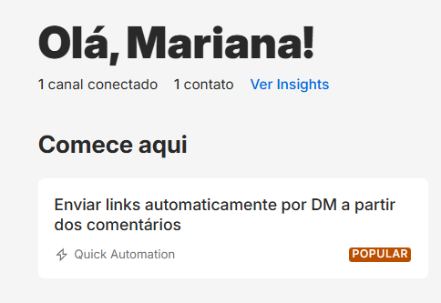 Painel inicial do Manychat com a Quick Automation popular