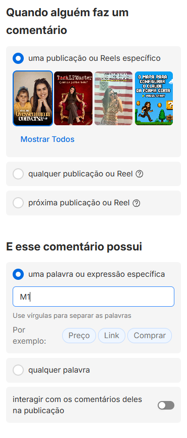 Configuração do trigger: publicação específica e palavra-chave M1