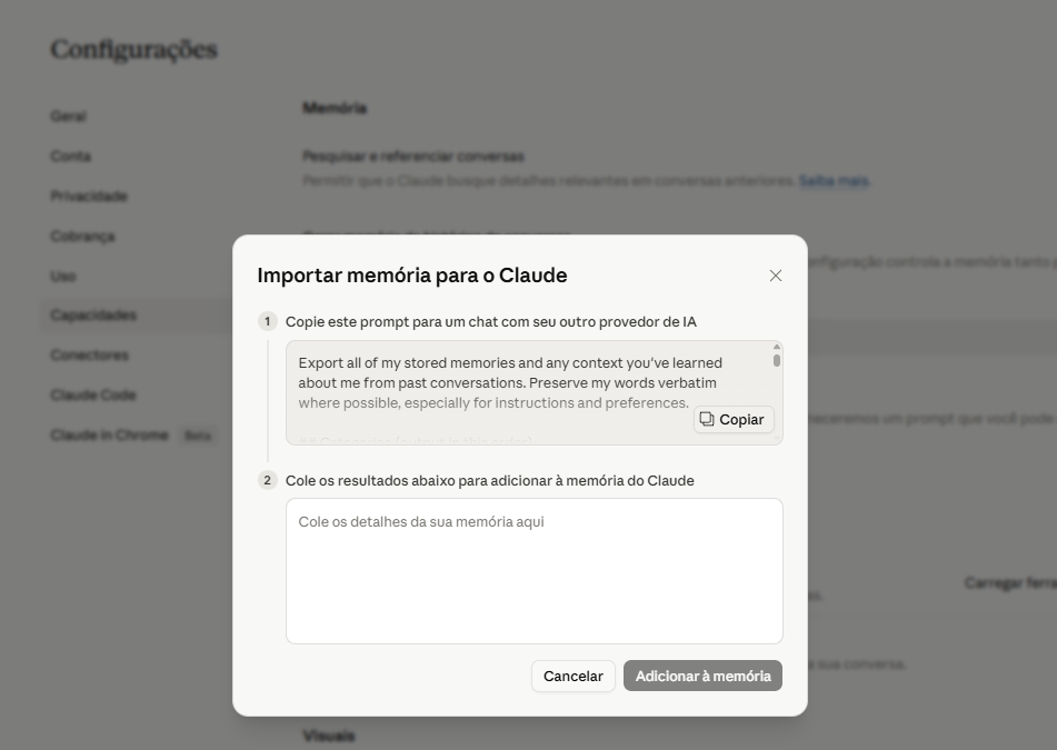 Definições › Capacidade › Importar memória