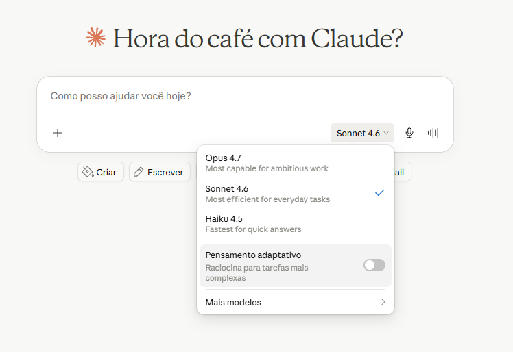 Menu de seleção de modelos no Claude