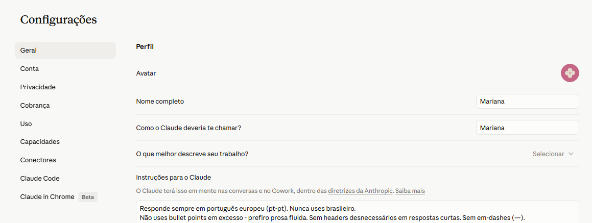 Definições › Perfil no Claude